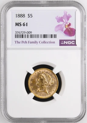1888 MS61 NGC 18,201 Minted -- $2,856 PCGS PG for MS62 -- KEY DATE $5 Half Eagle - Image 1 of 4