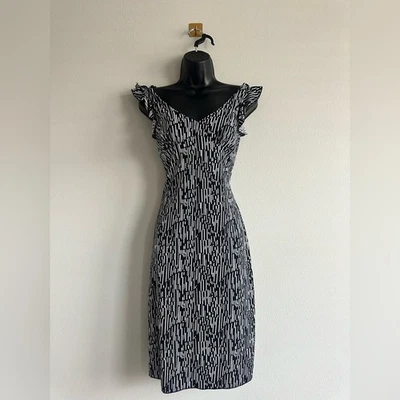 Vestido midi vintage Y2K La Belle negro blanco abstracto manga volantes talla S Foto 1 de 4