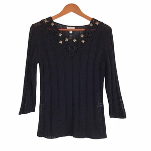 Maglione Conrad C taglia M nero collo con perline scollo a V bling a costine - Foto 1 di 5