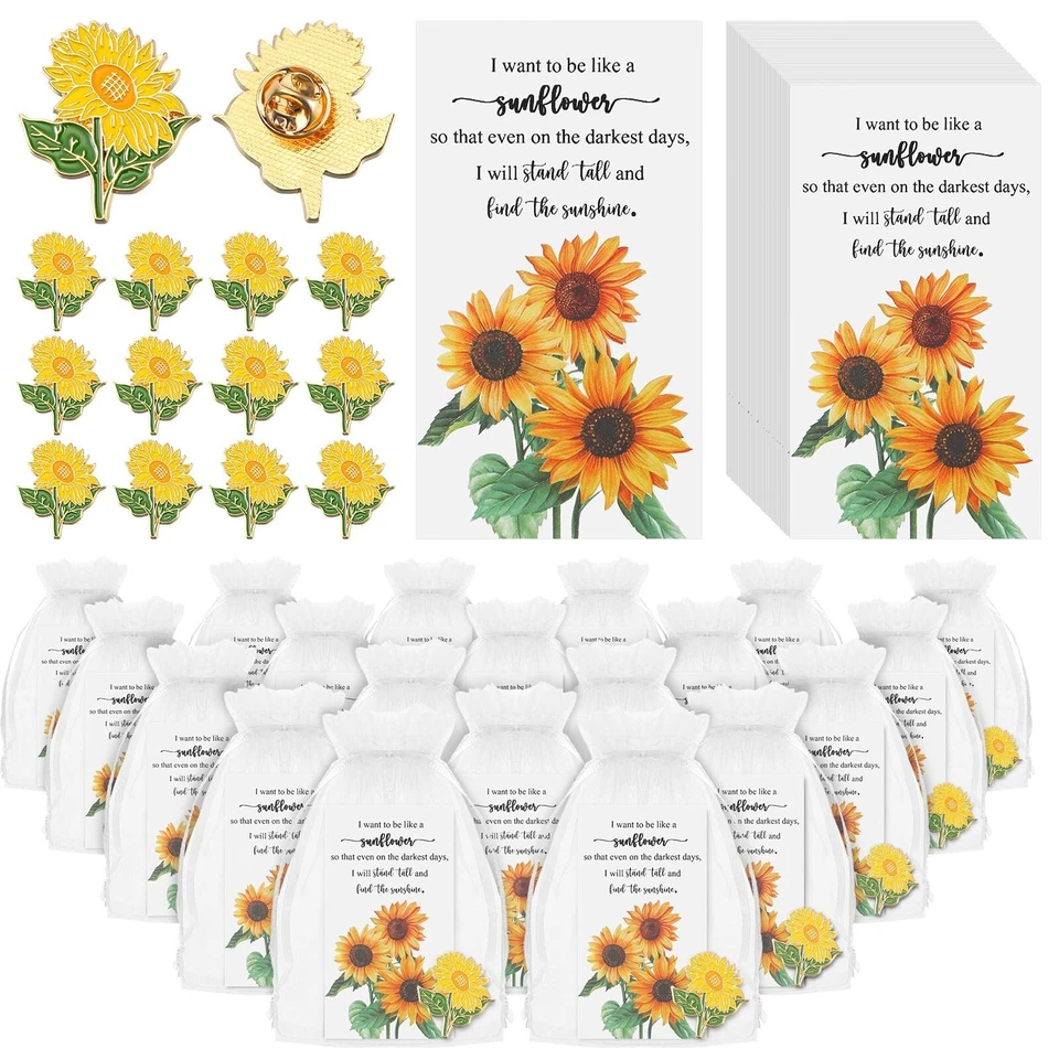 Gold Yellow Sunflower Brooch Pins with Sunflower Thank You Cards and Mesh Dra... - Image 1 of 4