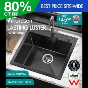ALFORDSON Kitchen Sink Stainless Steel Drop in Flush Single Bowl 530X500MM Black - Picture 1 of 12