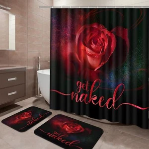 Red & Black Bathroom Sets with Shower Curtain Rugs Floral Bathroom Decor - Picture 1 of 7