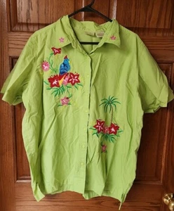 Bobbie Brooks Short Sleeve Embroidered Tropical Button Down Blouse 18W/20W Green - Picture 1 of 5