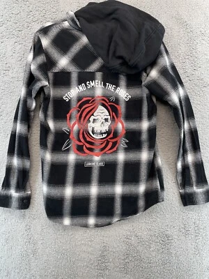 Camisa a cuadros con capucha y botones de franela Lurking Class para hombre talla pequeña negra/blanca Foto 1 de 4