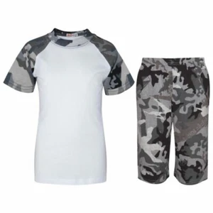 Kids Raglan Style Pyjamas Camo Charcoal Contrast T Shirt Shorts Girls Boys 5-13 - Picture 1 of 9