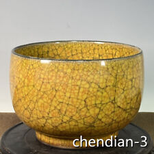 7.2"antiques Porcelain officials kiln mark Yellow glaze gold silk iron Line bowl
