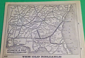Seltene 1876 ATLANTIC & GULF Railroads Eisenbahnstrecken & Verbindungen Druckkarte - Bild 1 von 7