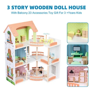 3 Story Wooden Doll House W/ Balcony 23 Accessories Toy Gift For 3 +Years Kids - Picture 1 of 17