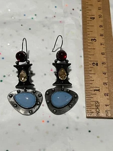 NEW Modern Industrial Steampunk Blue, Red, Amber Gemstone Earrings 2x1 - Picture 1 of 5
