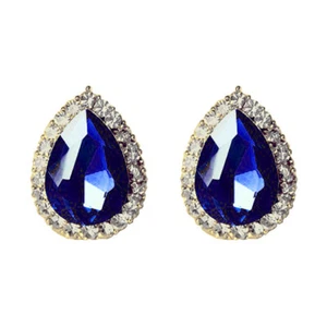 Non-Pierced Gold Plated Sapphire Blue Crystal Large Teardrop Clip On Earrings - Picture 1 of 4