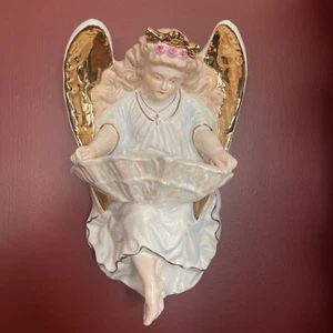 Antiguo bisque francés porcelana ángel figura fuente de agua bendita oro Francia GRANDE - Imagen 1 de 16