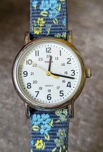Timex Women's 30mm Silver Tone Indiglo Quartz Watch Nylon Band W/ Flowers - Picture 1 of 12