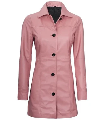 Women Stylish Shirt Collar Real Sheepskin Pink Leather Car Winter Trench Coat - Image 1 of 4