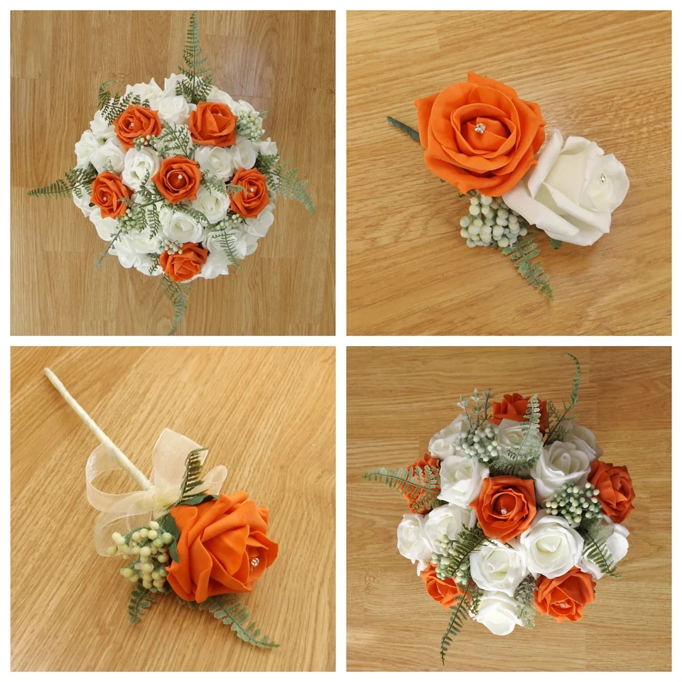 Оранжевые искусственные свадебные цветы роза и папоротник - Изображение 1 из 1