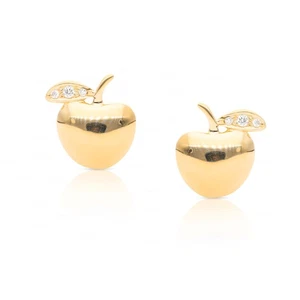 Aretes con tachuelas de oro macizo de 14K en forma de manzana con diamante natural de 0,04 quilates regalo - Imagen 1 de 8