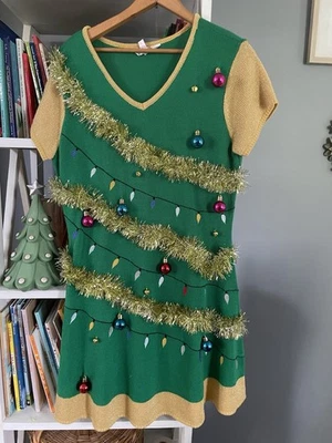 No Boundaries Christmas Sweater Dress Tree Tinsel Ugly Party Teacher JR 15-17 XL - Image 1 of 4