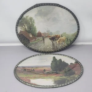 Vintage Antique Flue Cover Oval Metal Framed Wall Art Prints Set Of 2 - Picture 1 of 13