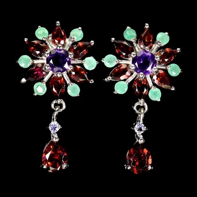 925 Sterling Silver Earrings Pear Mozambique Amethyst Emerald Gemstone Jewelry - Image 1 of 4