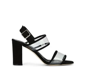 MANOLO BLAHNIK 40 Khan Black Suede and PVC Heels Sandals 9.5 Worn 1X - Picture 1 of 5