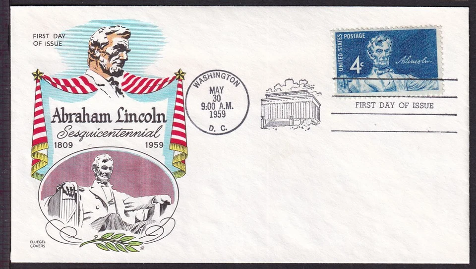 1959 Abraham Lincoln Sesquicentennial 4c Sc 1116 FDC with Fluegel cachet (XA - Image 1 of 1