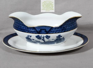 Nikko Double Phoenix Blue Willow Gravy Boat Attached Underplate Gold Trim - Picture 1 of 11