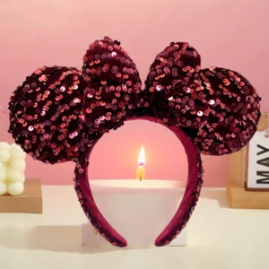 Disney Headband Minnie Ear Dark Red Velour Sequin Tokyo Disneyland Japan US - Picture 1 of 9