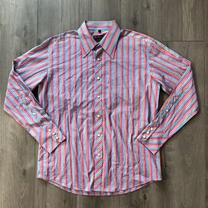Ben Sherman Mens L Button Up Long Sleeve Red Orange Green Blue Stripes Multicolo - Picture 1 of 7