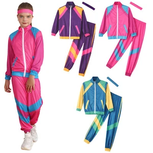 Kids Unisex Tops Pants Headband Sets Colorblock Sports Suit Carnival Party - Picture 1 of 42
