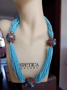 Natural SLEEPING BEAUTY TURQUOISE Coral Chip Multi Strand Necklace Tribal Vtg - Picture 1 of 17