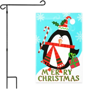 NEW G128 Garden Flag Christmas Penguin Cane 12x18IN & Garden Flag Stand Black - Picture 1 of 9