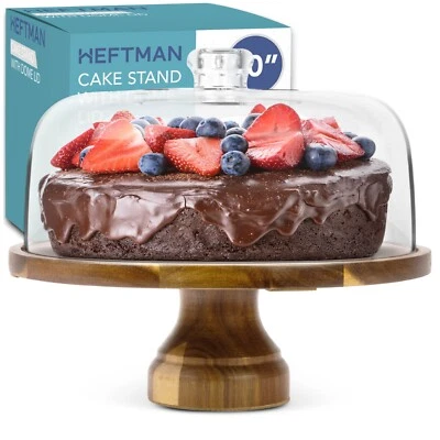 HEFTMAN 10" Acacia Wood Cake Plate Clear Dome Lid Pastry Stand Non-slip Dessert - Image 1 of 4