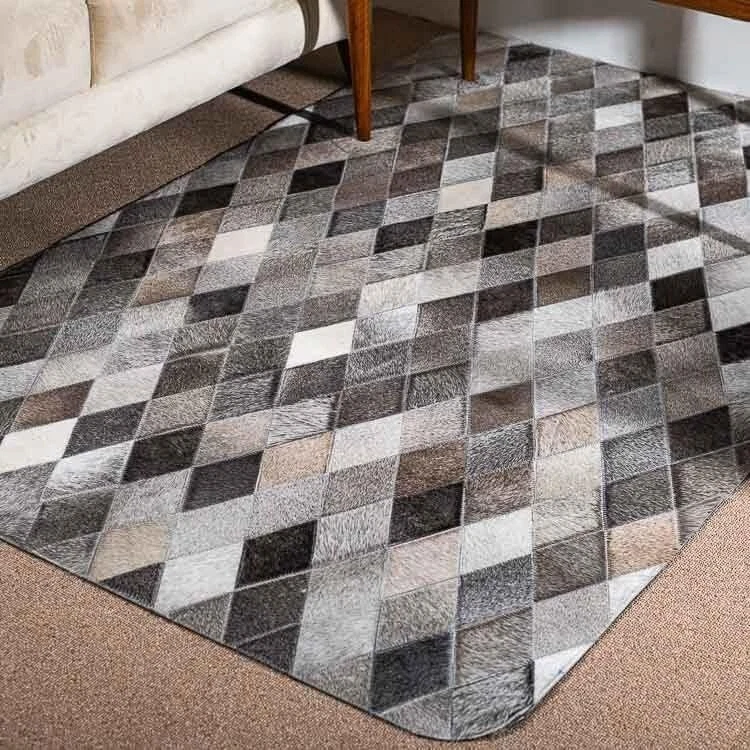 Luxury Diamond Leather Patchwork Rug| Handmade Grey Cowhide Carpet | Modern Rugs - Image 1 of 4