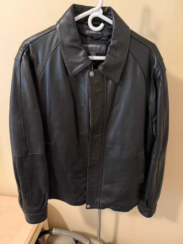 Perry Ellis Portfolio Black Lambskin Leather Bomber Jacket Mens Size Large - Image 1 of 4
