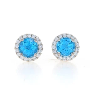 Oro Bianco Topazio Blu e Diamanti Grande Halo Bottone Orecchini 14k Rnd 3.84ctw - Foto 1 di 5
