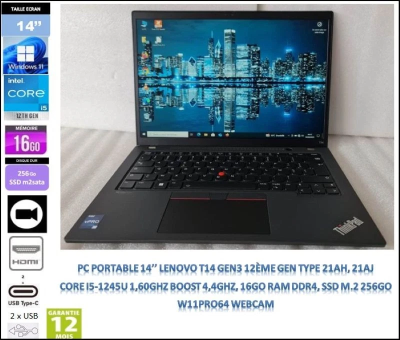 14'' Thinkpad Lenovo T14 Gen3 Core I5-12ème Gen, 16Go, 256GoM2.Sata,Webcam HDMI - Photo 1/4