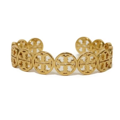 Pulseira Tory Burch logotipo punho 37317 pulseira folheada a ouro latão duplo T mono... - Imagem 1 de 4