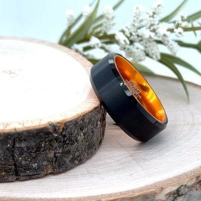 8mm Black Brushed Tungsten Ring Unisex Orange Step Edges Band for Christmas Gift - Image 1 of 4