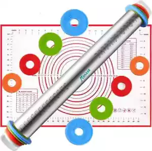 Rolling Pin and Silicone Baking Pastry Mat Set, Stainless Steel Dough Roller ... - Picture 1 of 8