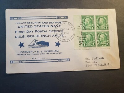 Minesweeper USS GOLDFINCH AM-77 Naval Cover 1941 Cachet former SS FORDHAM - Image 1 of 2