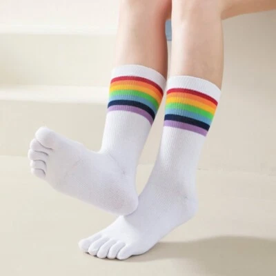 2 Пары женщин толщиной хлопковая смесь пять пальцев носок носки радужная полоса милые носки - Изображение 1 из 4