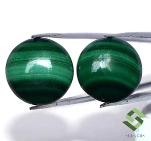 13 mm Natural Malachite Round Cabochon Pair 17.86 CTS Calibrated Loose Gemstones - Picture 1 of 6