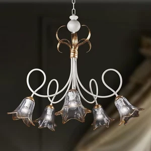 Lampadario ferro battuto  Avorio e Foglia Oro 5 Luci vetri di murano  - Picture 1 of 2