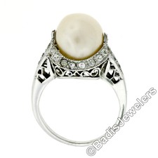 Antique Art Deco Platinum GIA Natural Pearl Solitaire Old Diamond Open Work Ring