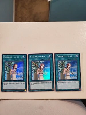 Yugioh! 3x Forbidden Lance. STOR-EN061. 1st Edition. Super Rare. Light played.  - Image 1 of 4