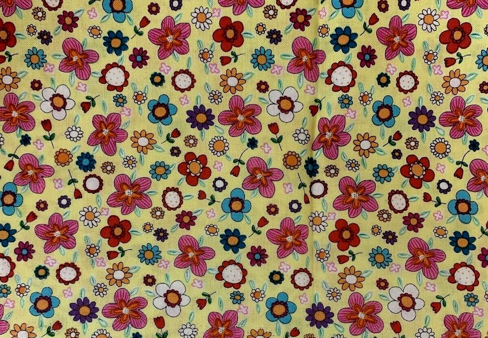 Pretty Posy Floral Fabric By Michael Miller Pink Blue Orange White Yellow 1+ Yds - Image 1 of 4