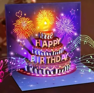 Happy Birthday Card Fireworks & Sound Effects Pop-up Cake with Candle Special - Picture 1 of 6