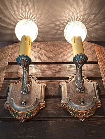 Antique 1920s-30s Art Deco Victorian Nouveau Cast Metal Light Wall Sconces Pair Cover