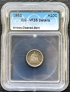1853 Seated Liberty Half Dime, Arrows ICG VF35 Details Cleaned Bent