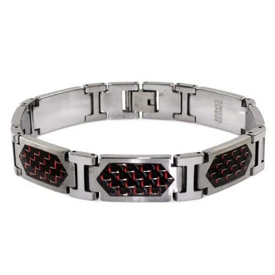 Tungsten Carbide Red Carbon Fiber Hexagon Inlay Men's Link Bracelet 8.5" - Image 1 of 4
