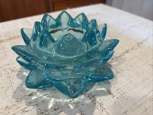 Shannon crystal blue Lotus flower 6 x 2.5” Inch Candle Holder Votive Buddah - Picture 1 of 8